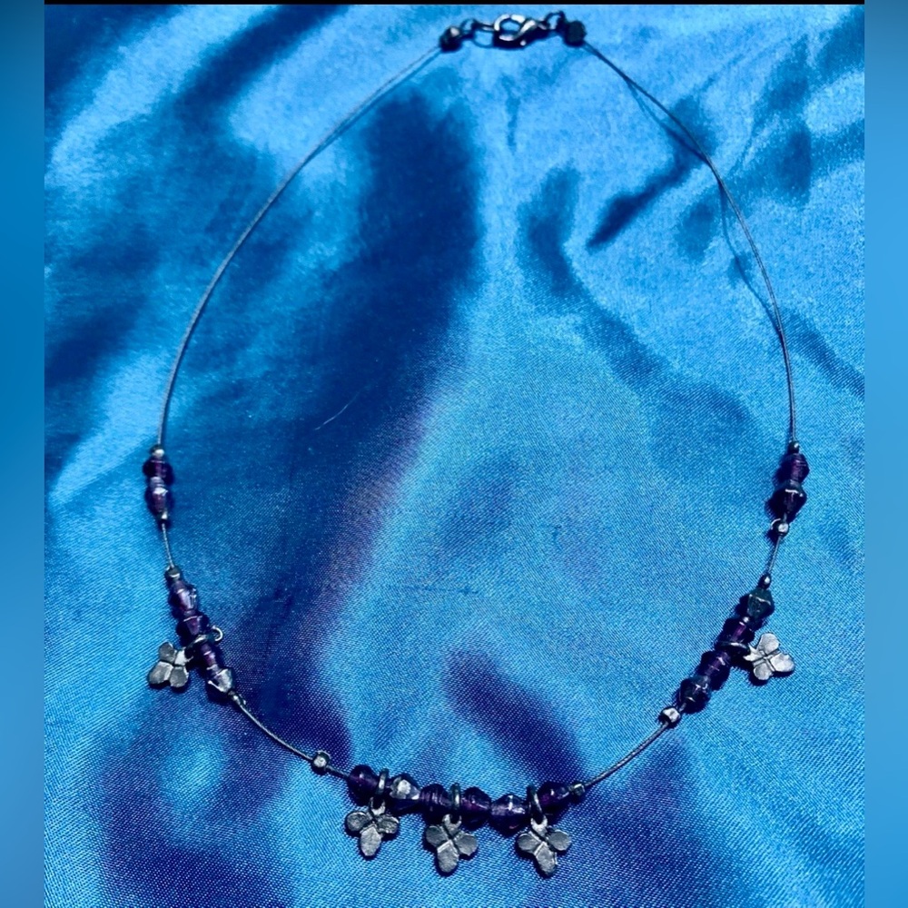 Purple Beaded Necklace with Floral Charms